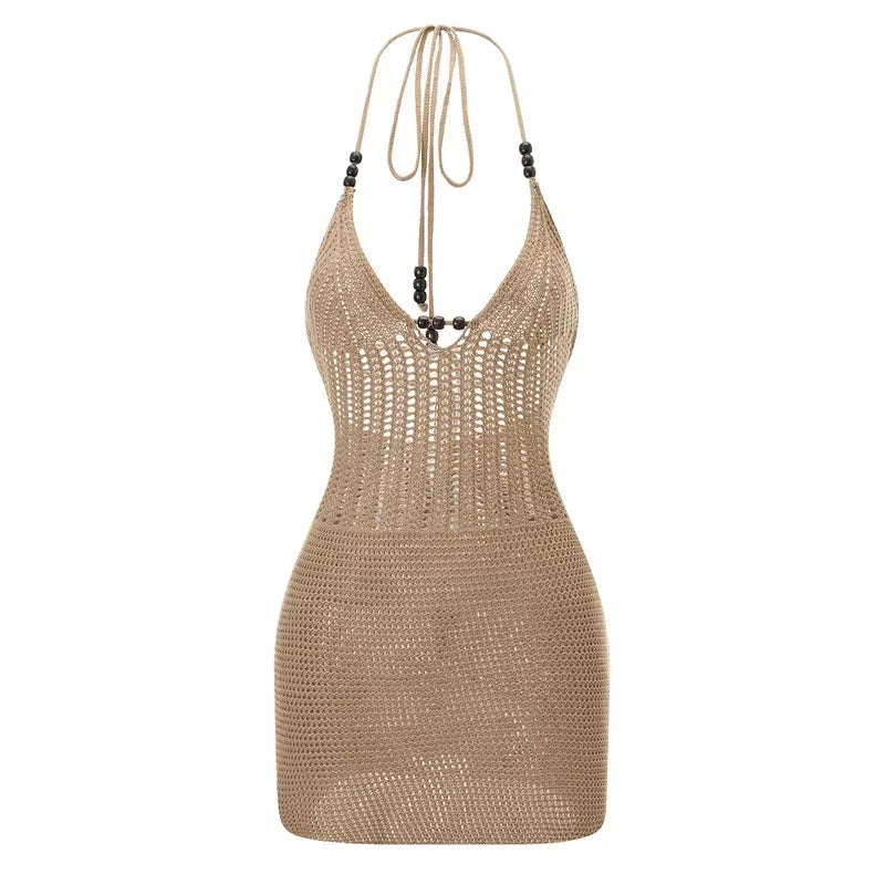 Hirigin feminino sem costas halter mini vestido casual verão malha crochê recorte bodycon vestido de festa para praia clube streetwear