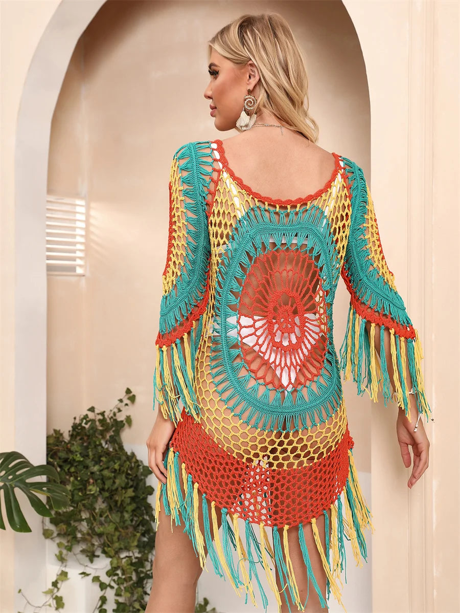 H80 & s90 novo multi crochê bikini cobrir com franja guarnição superior feminino sexy oco túnica praia vestido de verão maiô