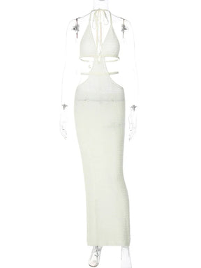 Bwq malha rendas até halter midi vestido feminino bodycon sexy streetwear festa clube outfits praia crochê vestido longo outono inverno