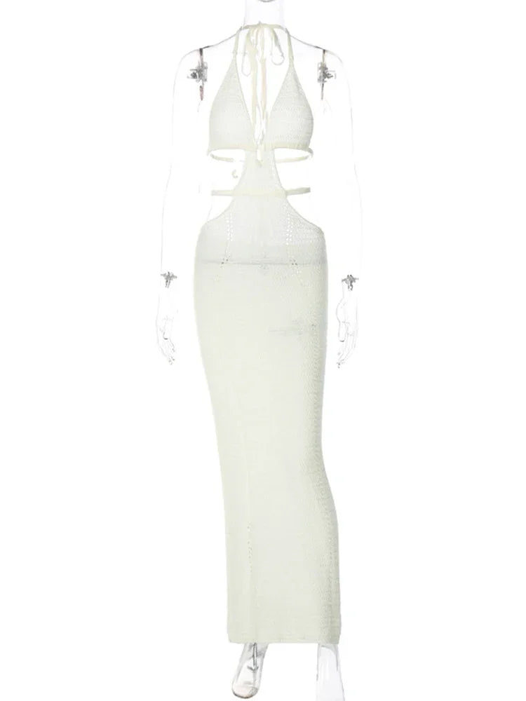 Bwq malha rendas até halter midi vestido feminino bodycon sexy streetwear festa clube outfits praia crochê vestido longo outono inverno