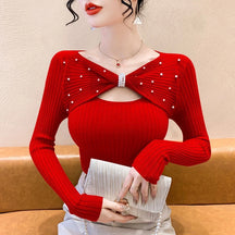 Elegante outono inverno suéteres femininos pullovers moda coreana y2k roupas com decote em v arco sólido bordado manga longa malha topos