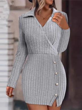 Mini vestido de malha com decote em v feminino, botão, encaixe apertado, abraço do quadril, vestidos de manga comprida, monocromático, fino, sexy, outono, inverno, novo