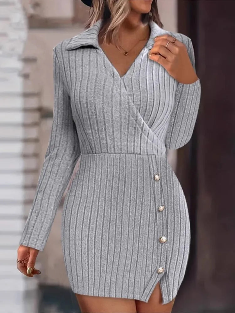Mini vestido de malha com decote em v feminino, botão, encaixe apertado, abraço do quadril, vestidos de manga comprida, monocromático, fino, sexy, outono, inverno, novo