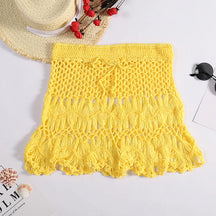 Feito à mão crochê oco para fora roupa de banho cobrir cor sólida cordão saia curta feminina férias tricô doce beachwear