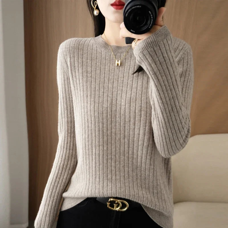2025 mulheres suéteres outono inverno manga longa pullovers o pescoço listra quente pulôver coreano moda camisas de fundo solto jumper