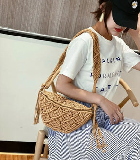 Bolsa de praia tecida à mão com borlas, boêmia, crochê de algodão oco, sacola de viagem, bolsa estilo étnico, bolsa axilas, verão