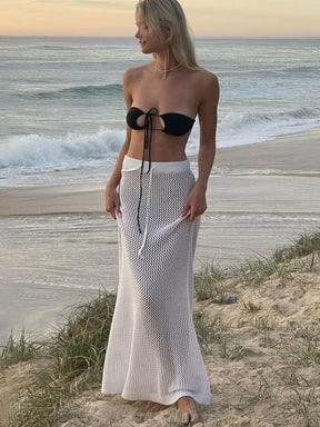 Saia longa de malha vazada para mulheres, transparente, casual, férias, praia, roupas, malhas sólidas, rendas, saia feminina y2k