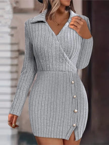Mini vestido de malha com decote em v feminino, botão, encaixe apertado, abraço do quadril, vestidos de manga comprida, monocromático, fino, sexy, outono, inverno, novo
