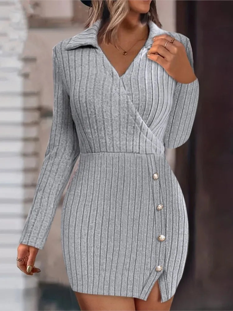 Mini vestido de malha com decote em v feminino, botão, encaixe apertado, abraço do quadril, vestidos de manga comprida, monocromático, fino, sexy, outono, inverno, novo