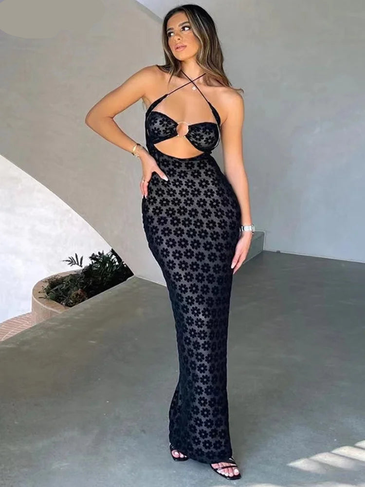 Nibber cor sólida pendurado pescoço maxi vestido sexy oco feminino perspectiva saco quadris robe feminino rua na moda vestidos roupas