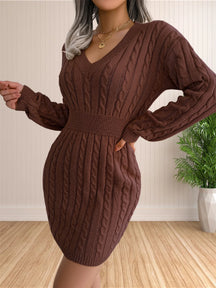Vestidos femininos de suéter coquetel com decote em V vestido de malha suéter vestido bainha