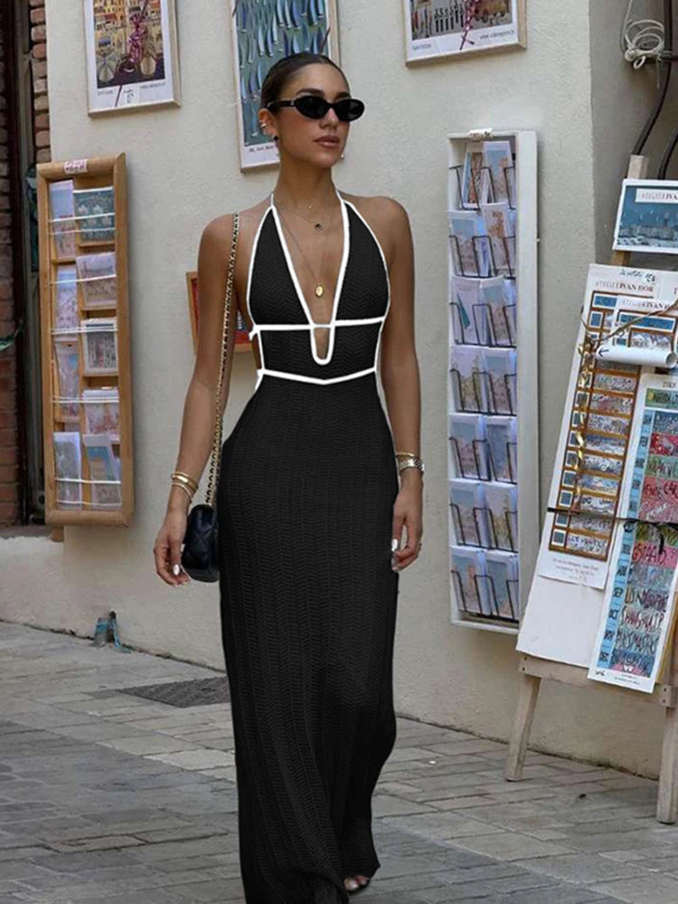 Estranho gato sexy elegante halter vestido feminino verão sem costas rendas-up cor-bloco sem mangas na moda boate roupas de moda selvagem