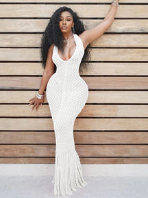 Vestido de Praia Crochet Com Franjas Olívia Fios