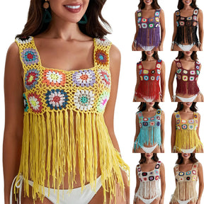 Mulheres Crochet Regata com Borlas, Cobertura de malha Ups, Bordado Floral Colorido, Camisola Boho Verão, Escavar Beachwear, Traf