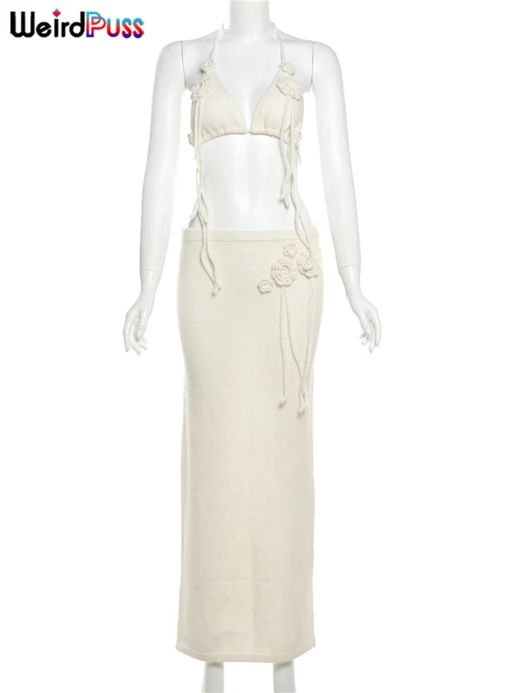 Estranho gato malha feminino 2 peça conjunto elegante flores borla halter camisola + saias longas combinando magro estiramento roupas de férias
