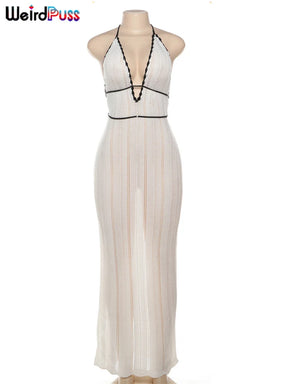 Estranho gato sexy elegante halter vestido feminino verão sem costas rendas-up cor-bloco sem mangas na moda boate roupas de moda selvagem