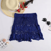 Feito à mão crochê oco para fora roupa de banho cobrir cor sólida cordão saia curta feminina férias tricô doce beachwear