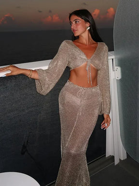 Sexy metálico ouro tanque superior saia longa malha 2 peça envoltório hip saia longa malha 2 peça conjunto férias clube festa menina roupas k128