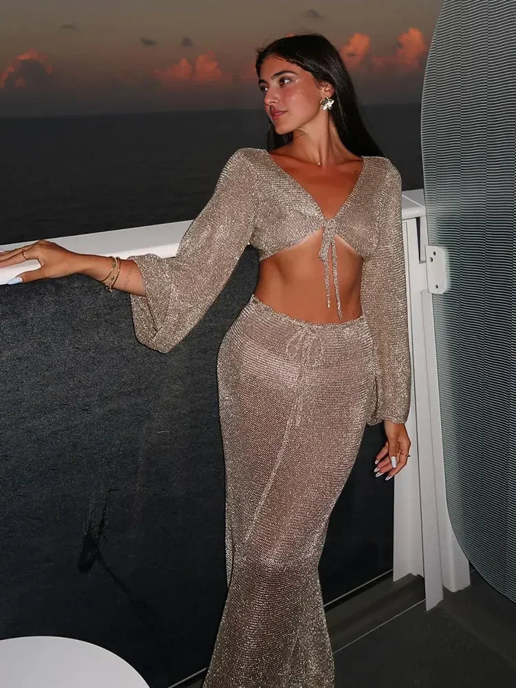 Sexy metálico ouro tanque superior saia longa malha 2 peça envoltório hip saia longa malha 2 peça conjunto férias clube festa menina roupas k128
