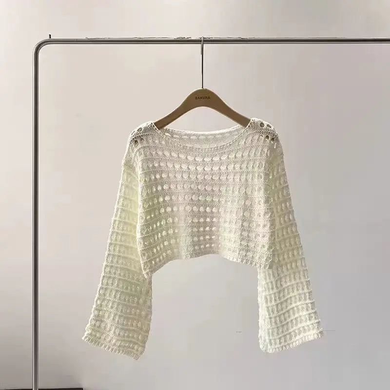 Manga longa crochê malha topo verão praia bikini cobrir colheita pulôver lã malhas blusa feminina férias boho outfit