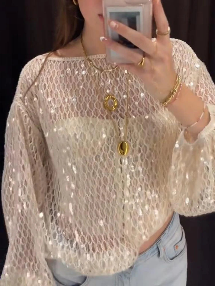 Chique crochê malha lantejoulas camisola feminina em torno do pescoço ver através da manga lanterna topo 2025 quatro temporada rua férias senhora topos