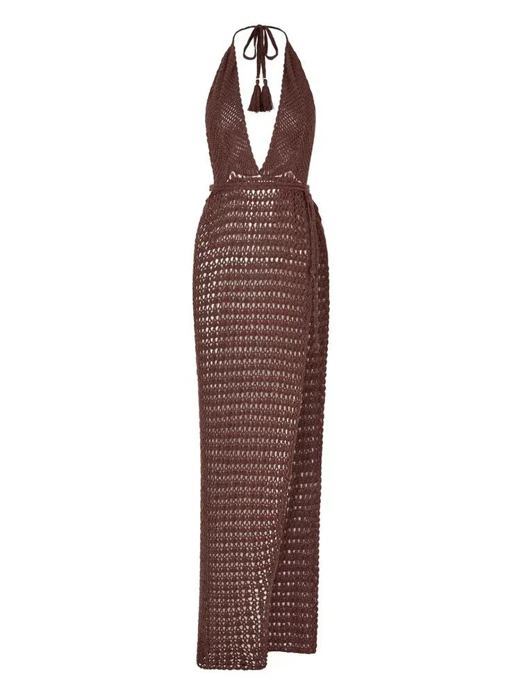 Sexy profundo decote em v sem costas malha cortar fenda praia maxi vestido 2025 feminino verão maiô cobrir chique vestidos de festa túnica a2889