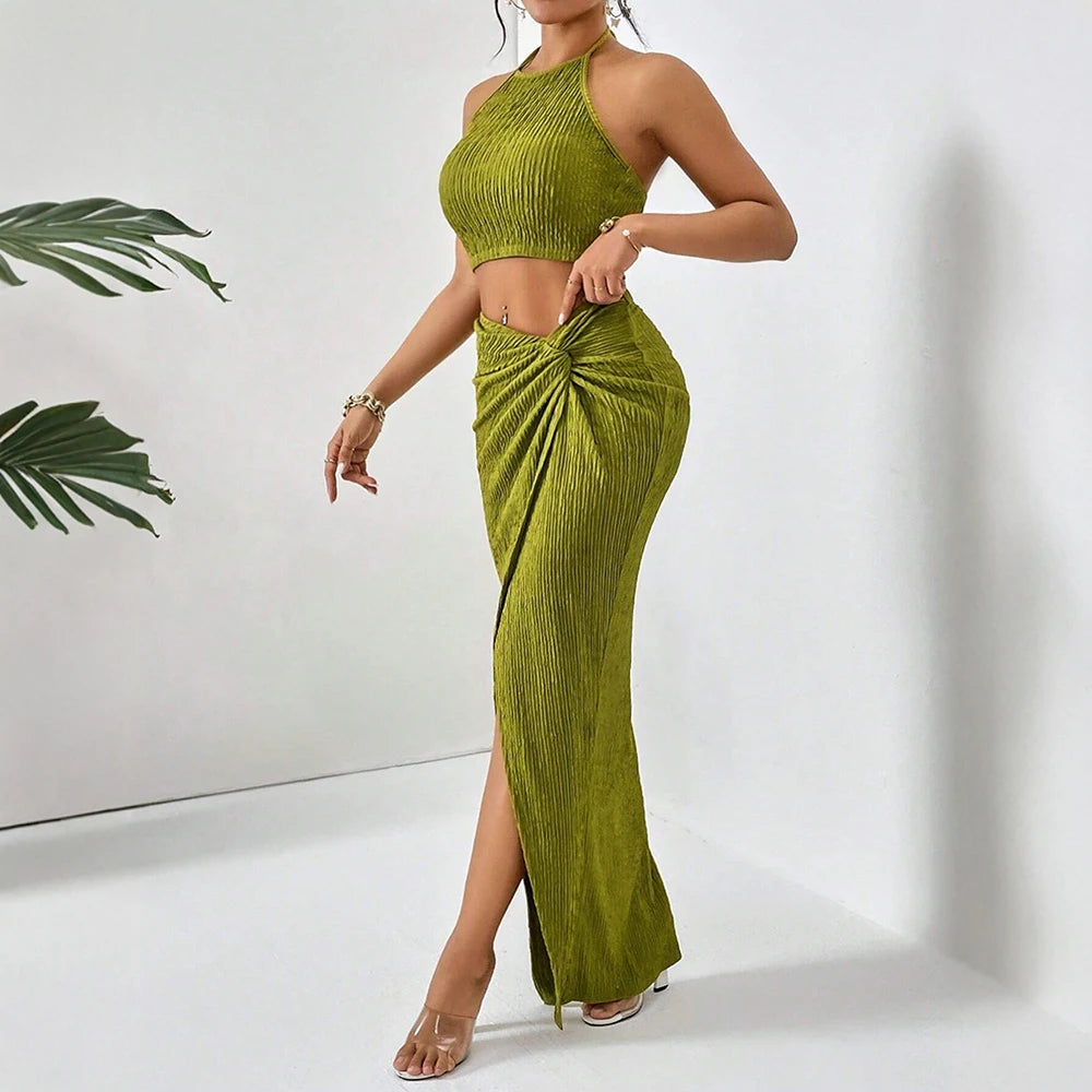 Mia musa define primavera verão encaixe fino elegante simples fenda sem mangas halter pescoço cintura natural maxi conjuntos de festa para mulher