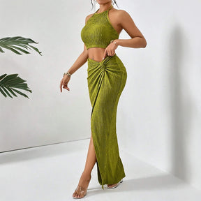 Mia musa define primavera verão encaixe fino elegante simples fenda sem mangas halter pescoço cintura natural maxi conjuntos de festa para mulher