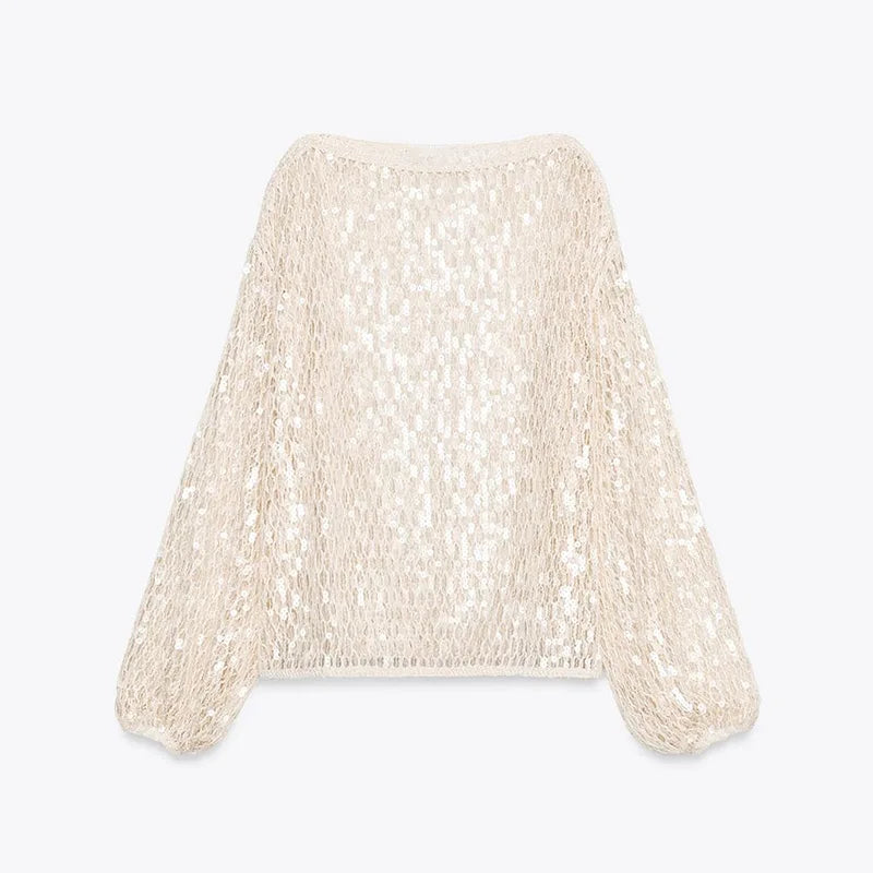 Chique crochê malha lantejoulas camisola feminina em torno do pescoço ver através da manga lanterna topo 2025 quatro temporada rua férias senhora topos