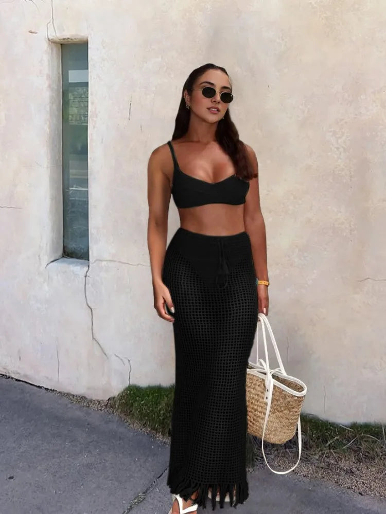 Sexy verão malha cortar praia meia saia feminina chique cordão franjas casual envoltório saias 2024 festa na piscina banho cobrir k50