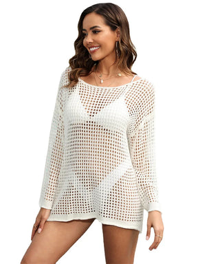 Feminino crochê malha praia cover-up manga longa boho túnica maiô cover-up leve verão banho sheer topo