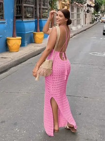 Sexy malha cortar borla cinta de espaguete bodycon praia maxi vestido de verão feminino férias clube festa roupa maiô cobrir k10