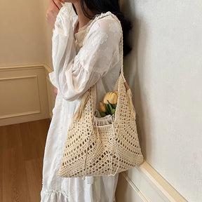 bolsa feminina bolsa de praia bolsa feminina luxo bolsa faculdade Conjunto de bolsa de ombro 2 em 1 de crochê para mulheres ráfia boho rattan verão praia férias sacolas de malha design bolsas femininas 2025