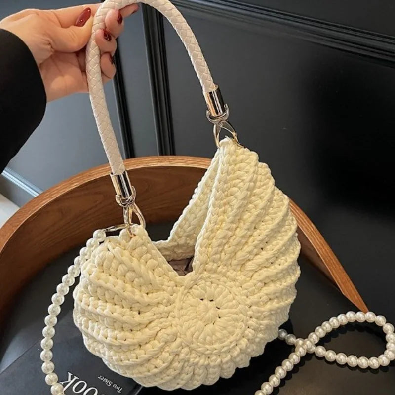 Criativo concha em forma de crochê feminino ombro sacos engraçado bonito pérolas correntes artesanal tecer crossbody saco novidade pequenas bolsas