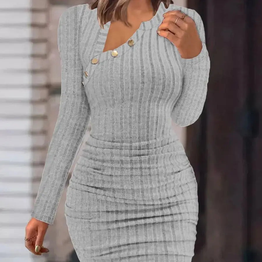 Vestidos bodycon com gola redonda e botão para mulheres, cor sólida, mini vestido envoltório com nervuras, slim fit, suéter de malha franzido
