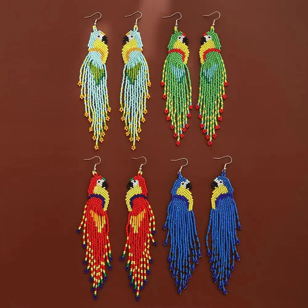Brincos de contas de arroz borla papagaio design originalidade zoon mão tricô bohemia liga moda simples brincos de contas