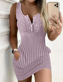 2024 verão novo feminino casual abotoado bolso design u-pescoço com nervuras bodycon vestido feminino moda sem mangas magro mini vestidos