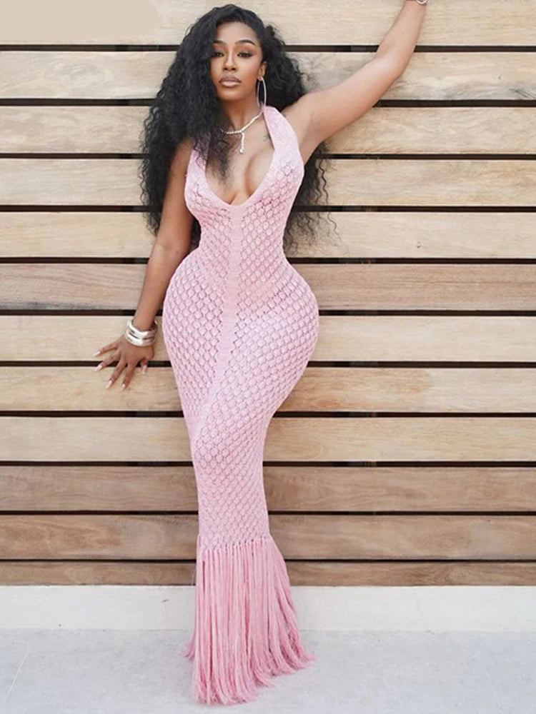 Vestido de Praia Crochet Com Franjas Olívia Fios