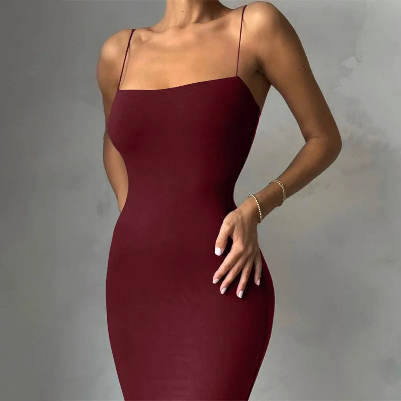 Verão preto sexy vestido feminino streetwear sem mangas sem costas sólido cinta de espaguete bodycon casual clubwear elegante vestidos de festa