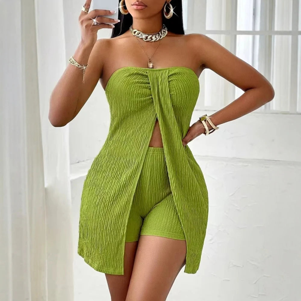 Mia musa define verão simples decente cor sólida sem alças fora do ombro cintura alta casual curto y2k conjuntos de roupas para mulher
