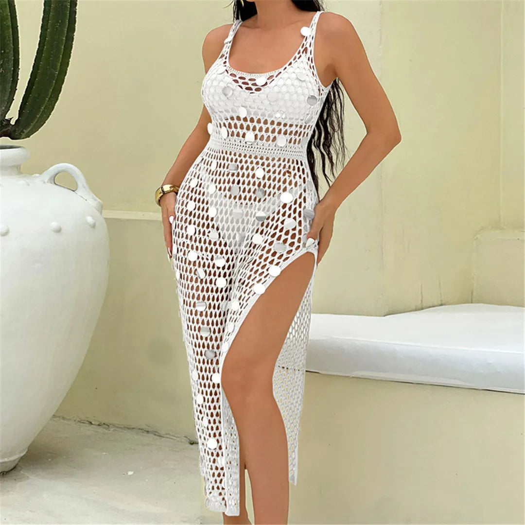 Lantejoulas brilhantes oco para fora crochê malha túnica praia cobrir cover-ups vestido de praia mini beach wear beachwear feminino k6685
