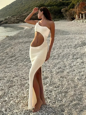 Mulheres y2k malha envoltório praia maxi vestido cortar beachwear cobrir sexy um ombro crochê bodycon vestido festa clube outfit k25