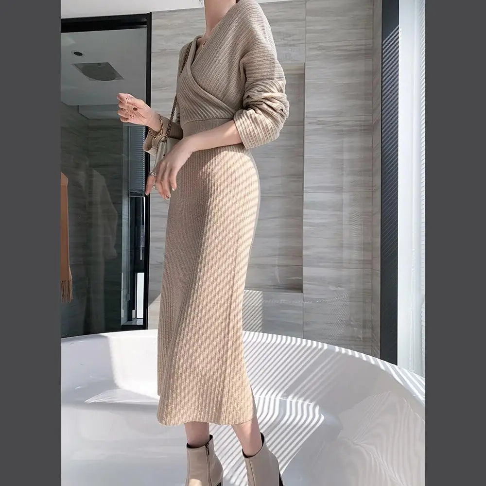 Camisola de malha vestido feminino outono inverno novo com decote em v longo magro vestidos de malha feminina cintura alta elegante vestido de festa à noite