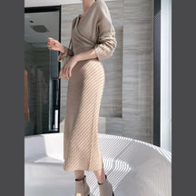 Camisola de malha vestido feminino outono inverno novo com decote em v longo magro vestidos de malha feminina cintura alta elegante vestido de festa à noite