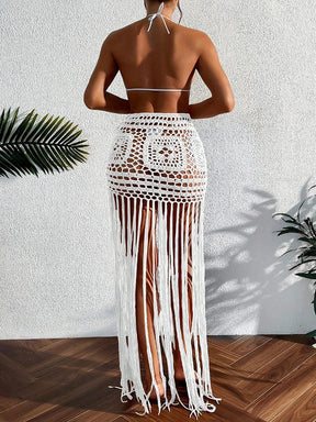 Crochê borla bikini cobrir vestido de praia wear feminino amarrar banhista maiô borla saia longa maiô cobrir vestido de praia