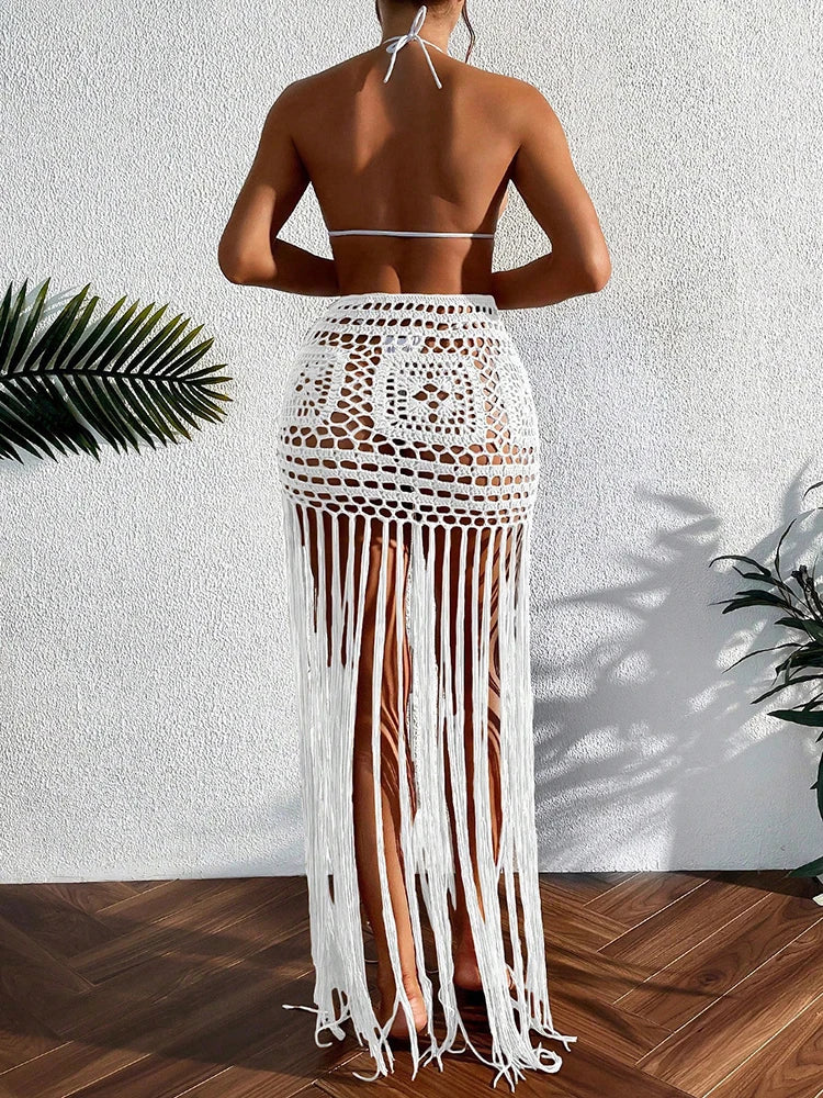 Crochê borla bikini cobrir vestido de praia wear feminino amarrar banhista maiô borla saia longa maiô cobrir vestido de praia