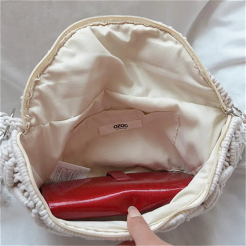 Bolsa de praia tecida à mão com borlas, boêmia, crochê de algodão oco, sacola de viagem, bolsa estilo étnico, bolsa axilas, verão