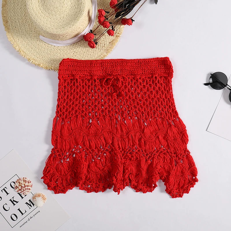 Feito à mão crochê oco para fora roupa de banho cobrir cor sólida cordão saia curta feminina férias tricô doce beachwear