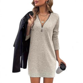 Preto cáqui elegante sólido com nervuras mini vestido para mulher com decote em v manga longa alta estiramento casual outono/inverno vestidos senhora do escritório