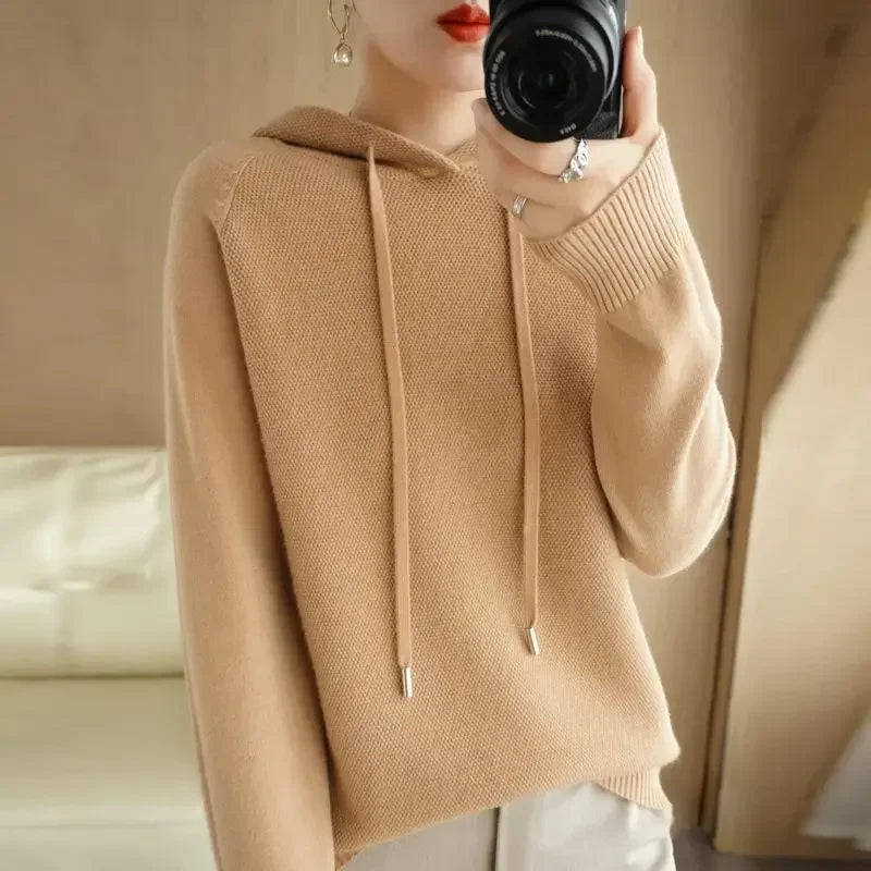 Camisola com capuz mulher outono inverno manga longa quente camisa de fundo sólido casual pullovers malha topos moda coreana jumper 2025